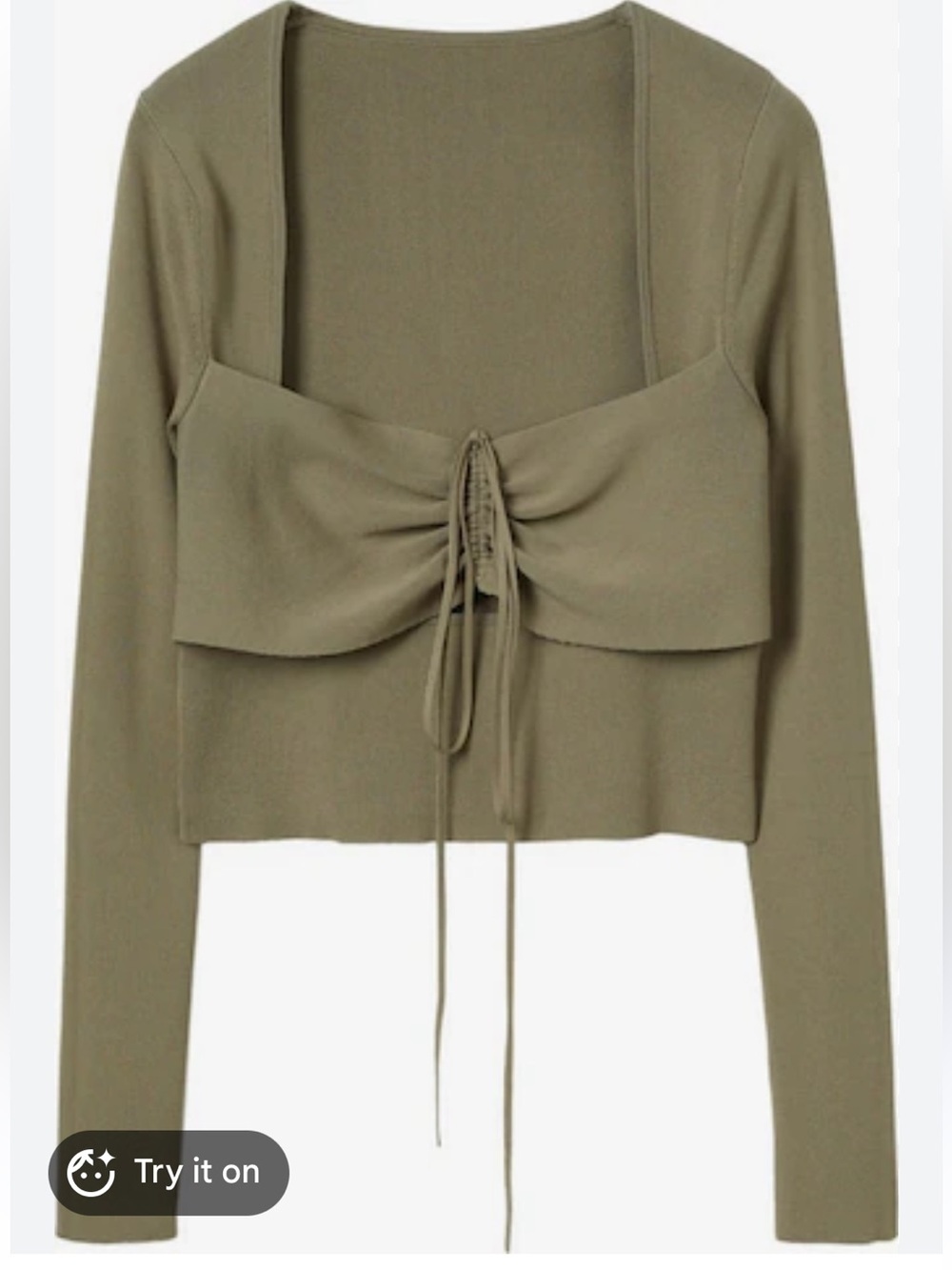 Mango Khaki Cropped Tie-Front Knit Sweater